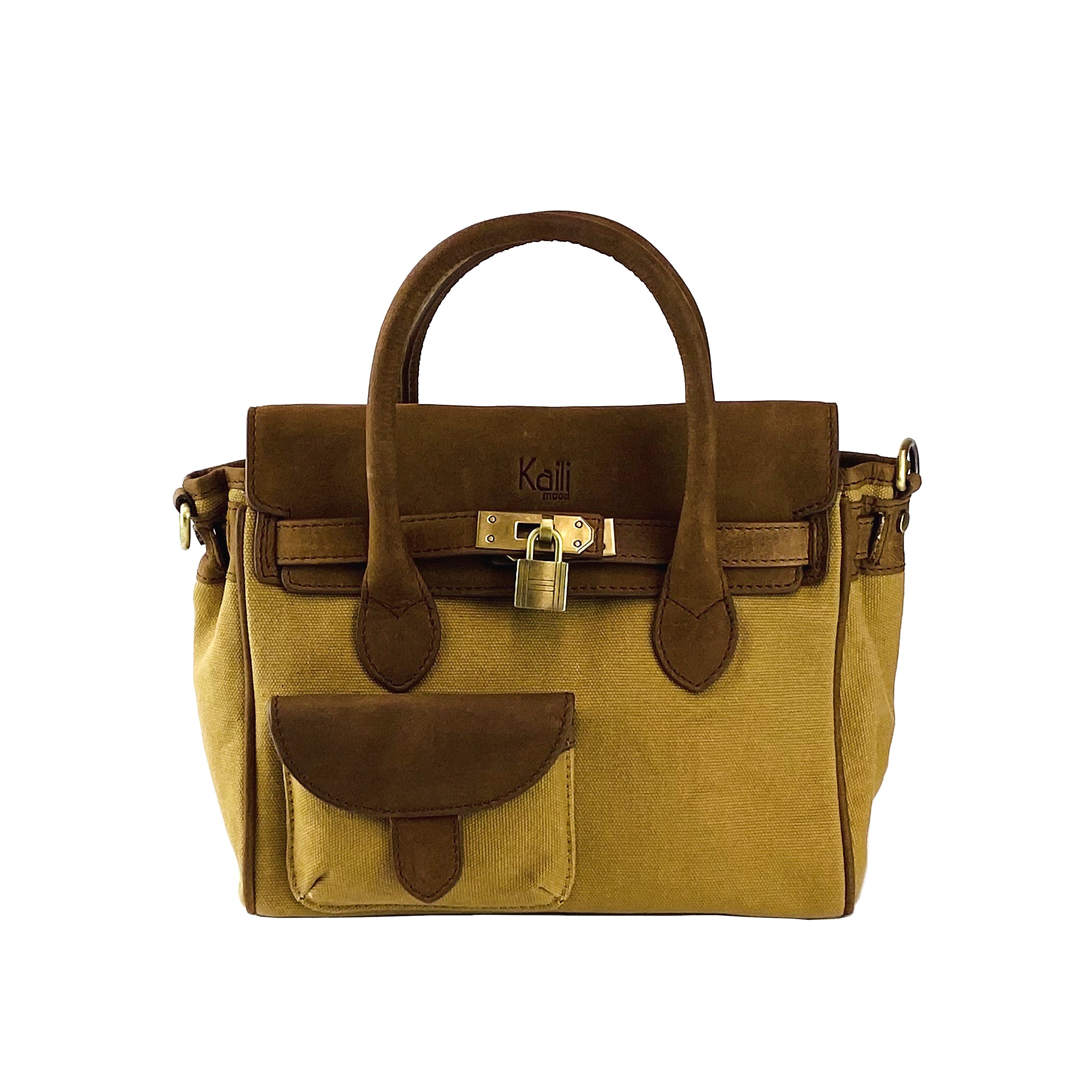 K0042BACB | Canvas/Vera Leather Mini Hand Bag Made in Italy. Removable shoulder strap. Antique Brass metal snap hook attachments - Hazelnut color - Dimensions: 24 x 20 x 12 cm.