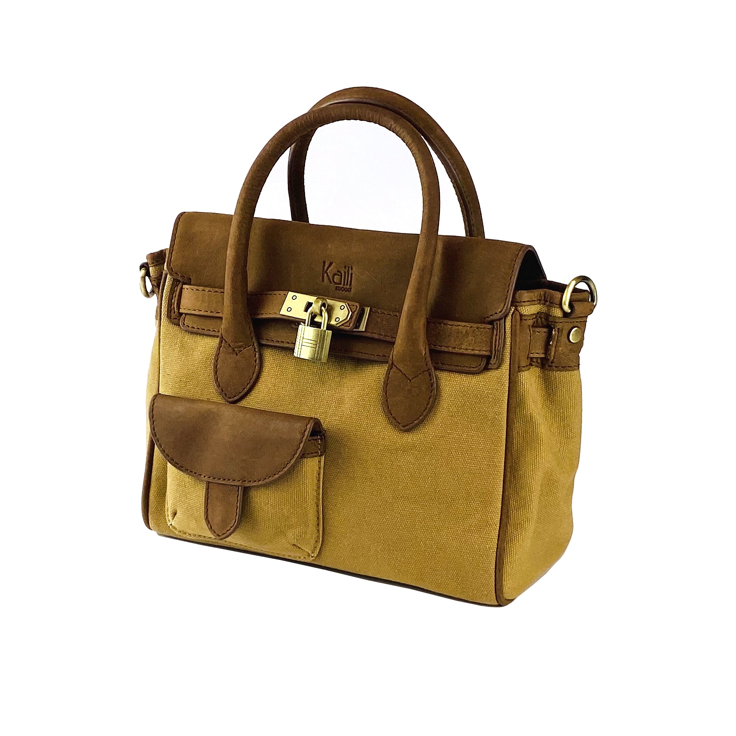 K0042BACB | Canvas/Vera Leather Mini Hand Bag Made in Italy. Removable shoulder strap. Antique Brass metal snap hook attachments - Hazelnut color - Dimensions: 24 x 20 x 12 cm.