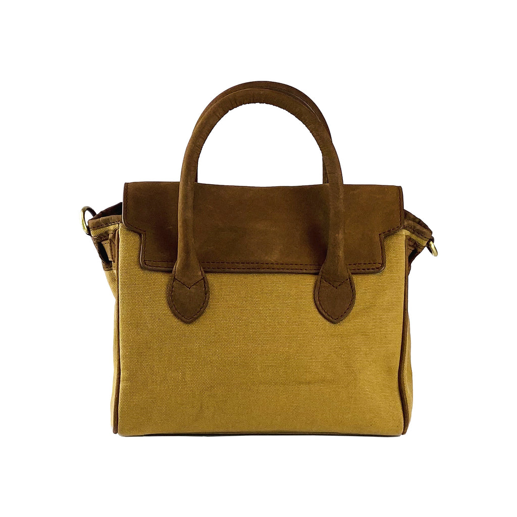 K0042BACB | Canvas/Vera Leather Mini Hand Bag Made in Italy. Removable shoulder strap. Antique Brass metal snap hook attachments - Hazelnut color - Dimensions: 24 x 20 x 12 cm.
