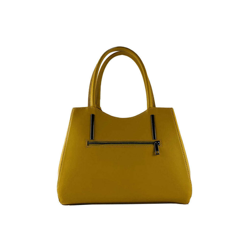 RB1004R | Genuine Leather Hand Bag Made in Italy with Removable Shoulder Strap and Gunmetal Metal Carabiner Attachments - Mustard Color - Size: 33 x 25 x 15 cm + Handles 13 cm