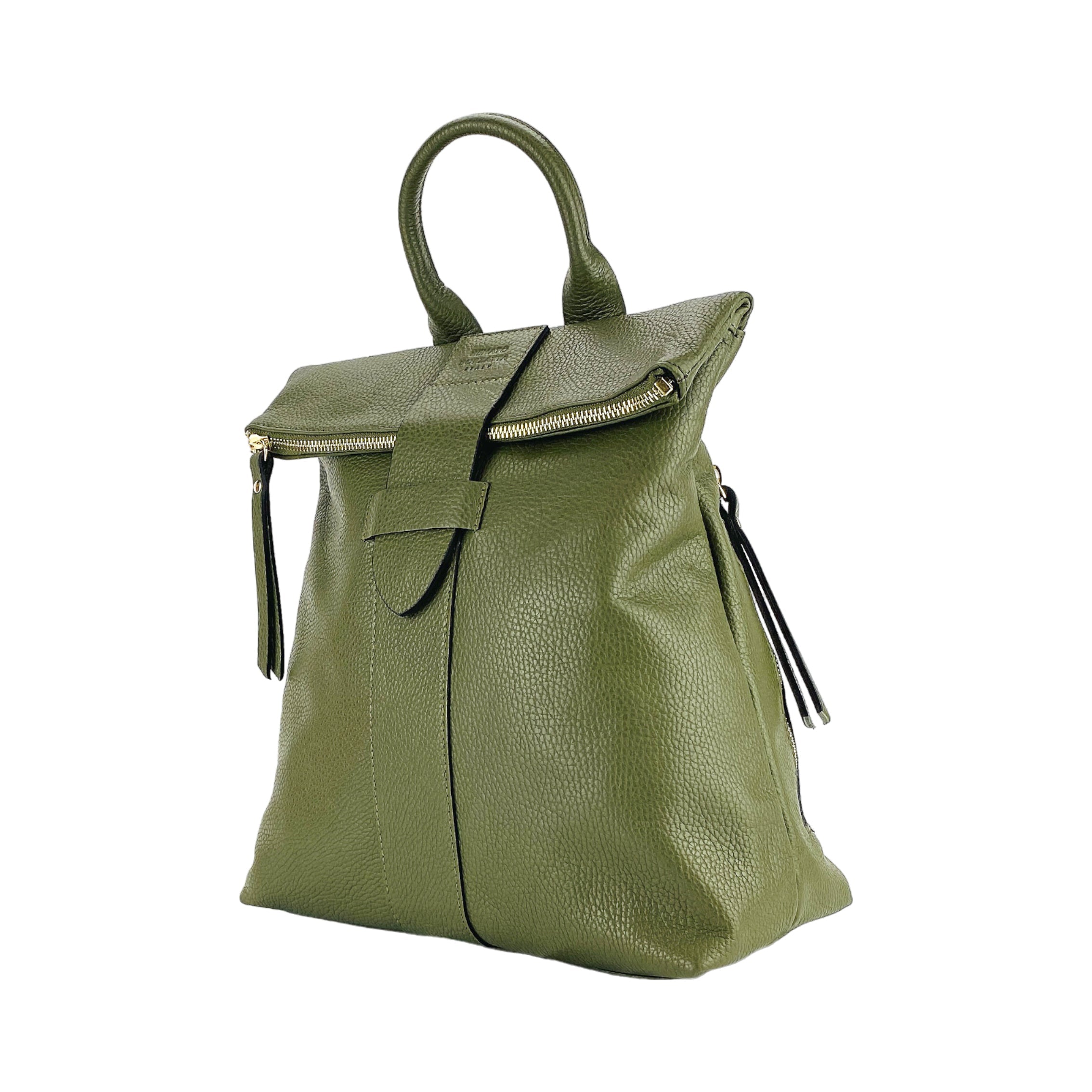 RB1021E | Women's Soft Backpack in Genuine Leather Made in Italy with Adjustable Shoulder Straps. Shiny Gold Metal Zipper and Accessories - Green Color - Size: 30 x 34 x 10.5 cm.