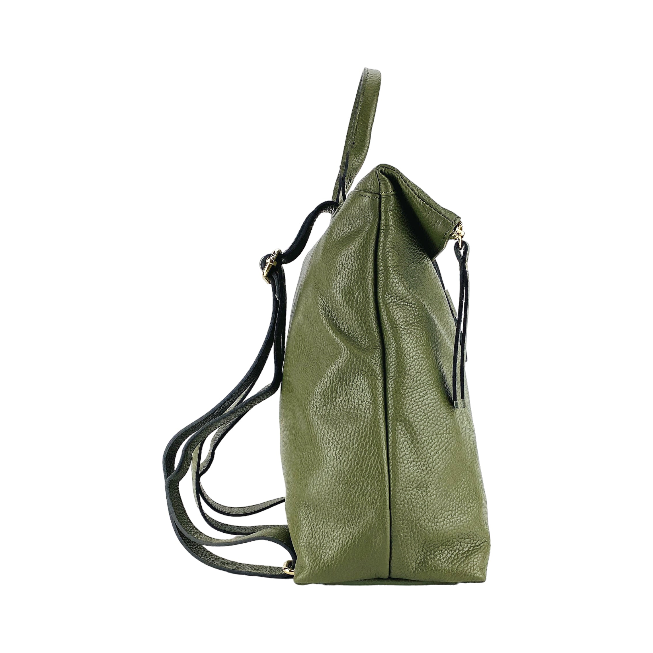 RB1021E | Women's Soft Backpack in Genuine Leather Made in Italy with Adjustable Shoulder Straps. Shiny Gold Metal Zipper and Accessories - Green Color - Size: 30 x 34 x 10.5 cm.