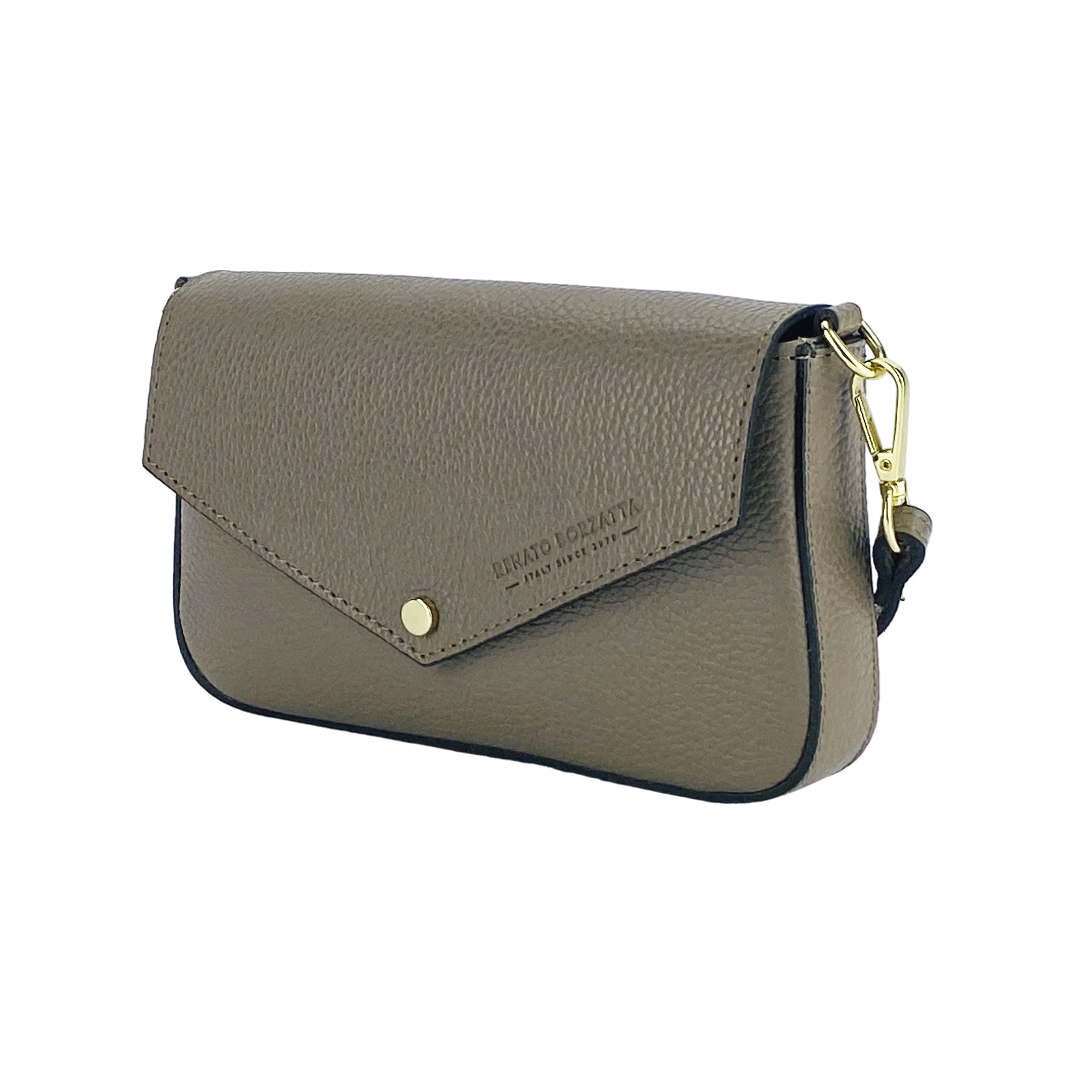 RB1023AQ | Small Shoulder Bag with Removable Chain Strap in Genuine Leather Made in Italy. Flap Closure. Shiny Gold metal hardware - Taupe color - Dimensions: 22 x 12 x 3 cm.