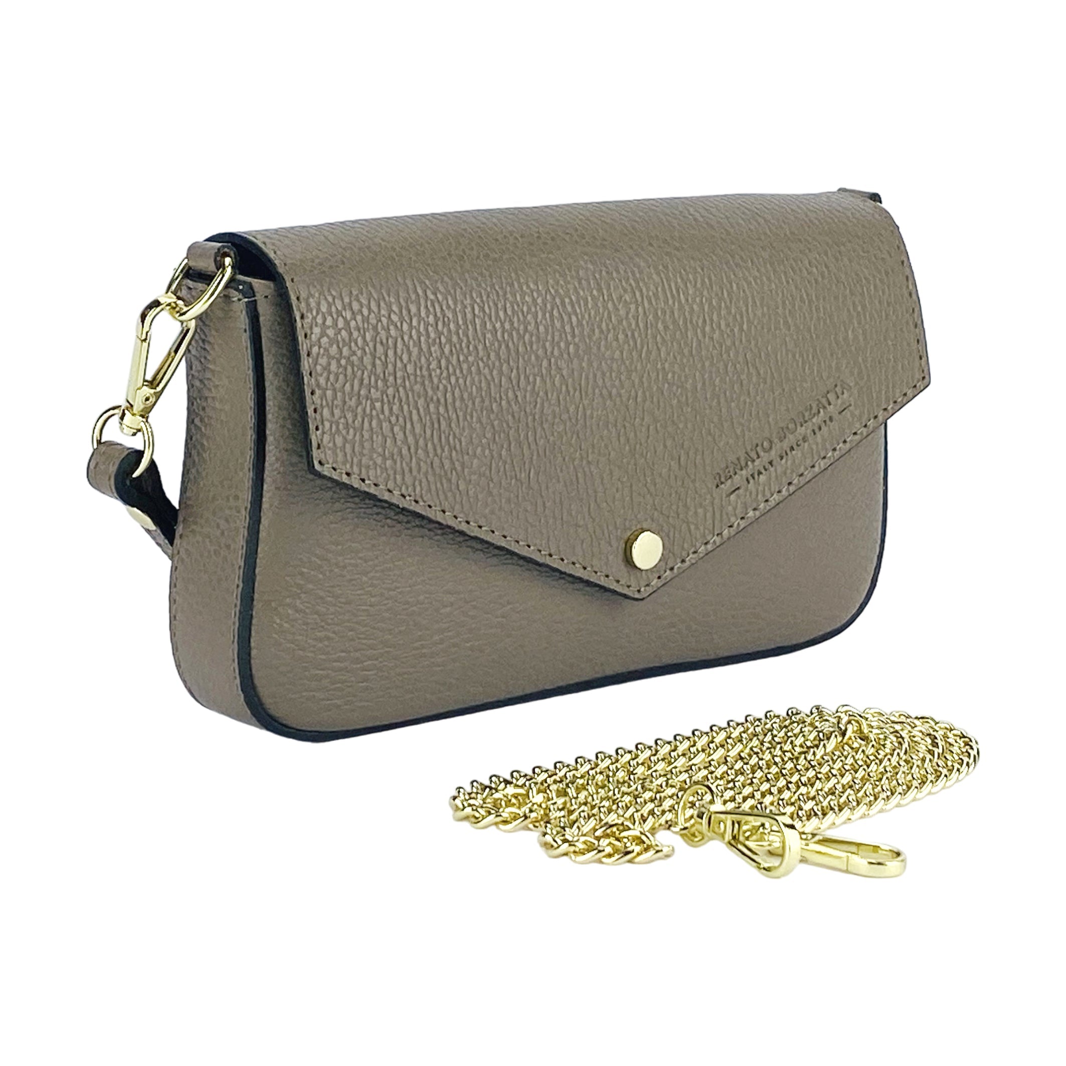 RB1023AQ | Small Shoulder Bag with Removable Chain Strap in Genuine Leather Made in Italy. Flap Closure. Shiny Gold metal hardware - Taupe color - Dimensions: 22 x 12 x 3 cm.