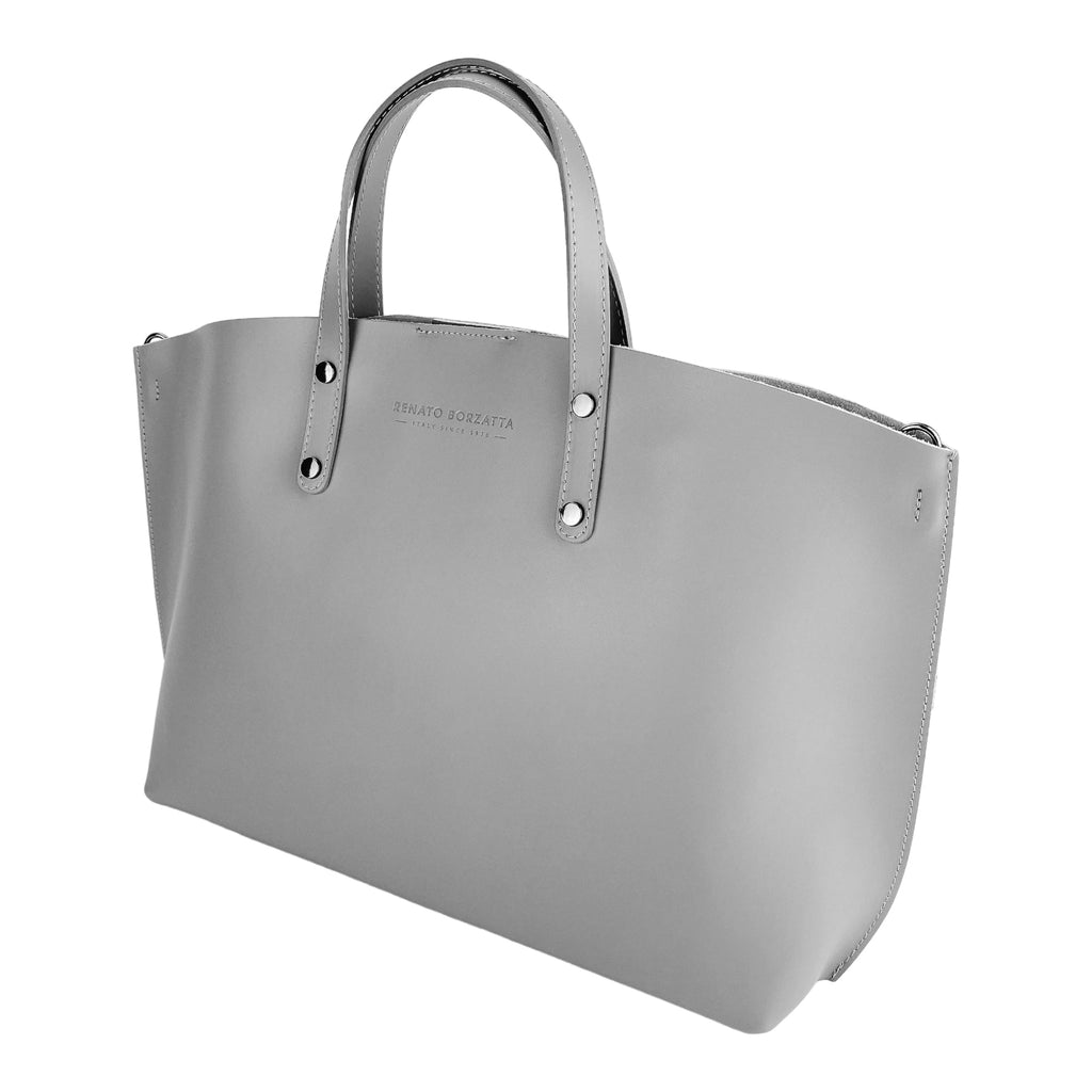 RB1024F | Women's Hand Bag in Genuine Leather Made in Italy with removable shoulder strap. Large removable internal bag. Polished Gunmetal Accessories - Grey color - Dimensions: cm 48x31x11