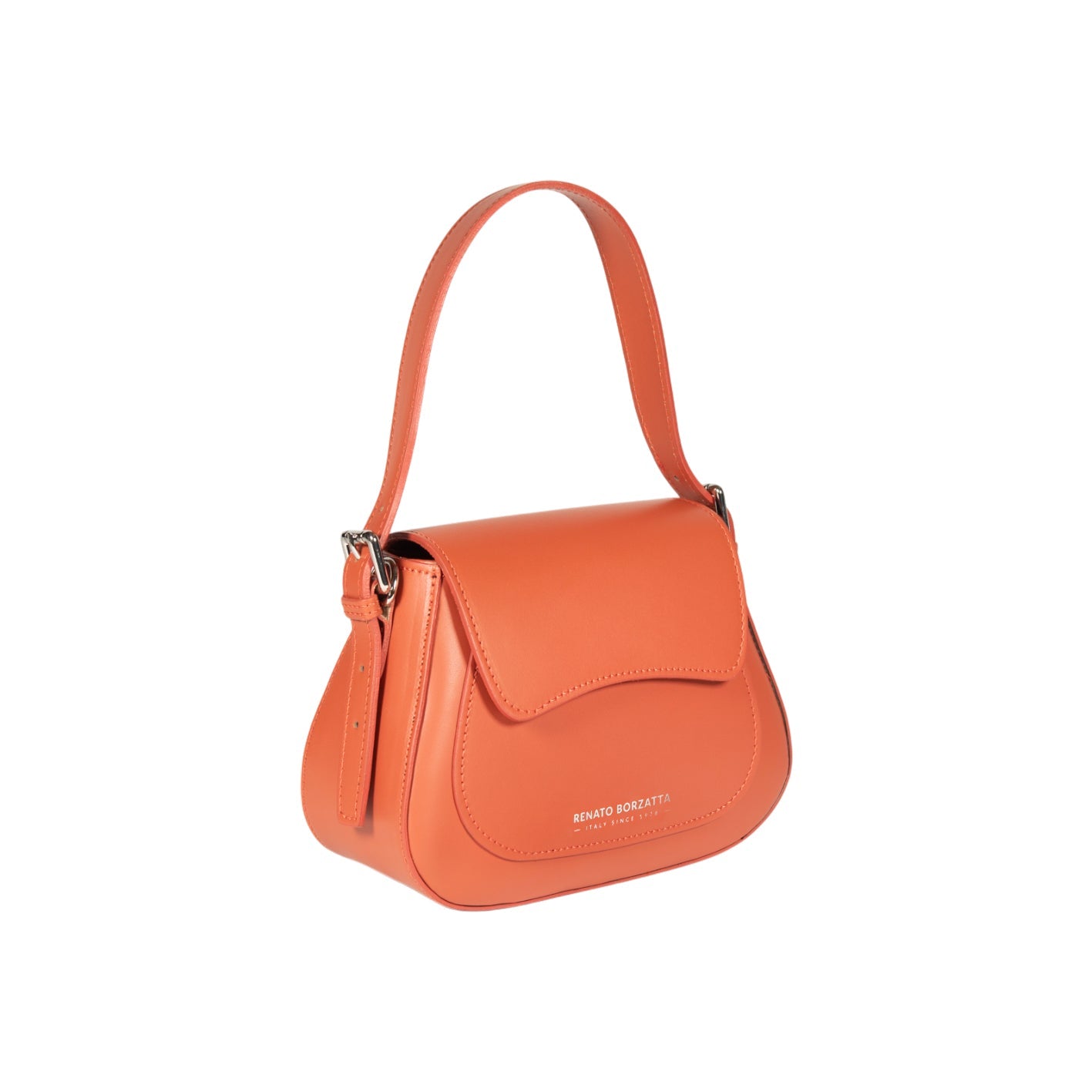 RB1030AM | EMMA Women's Shoulder Bag with flap in Genuine Leather Made in Italy. Polished Silver metal hardware - Paprika color - Dimensions: 24 x 18 x 9 cm + 14.5 (Handle light)