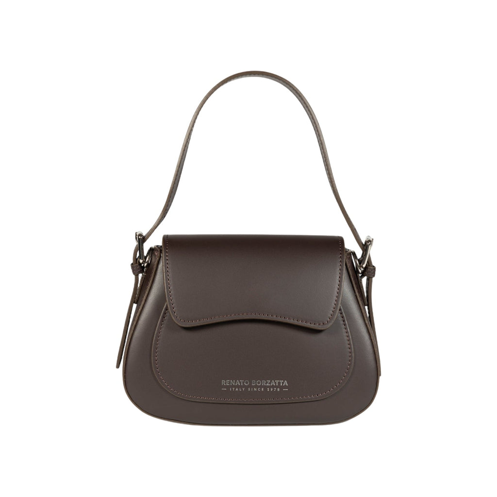 RB1030B | EMMA Women's Shoulder Bag with flap in Genuine Leather Made in Italy. Polished Silver metal hardware - Dark Head color - Dimensions: 24 x 18 x 9 cm + 14.5 (Handle light)