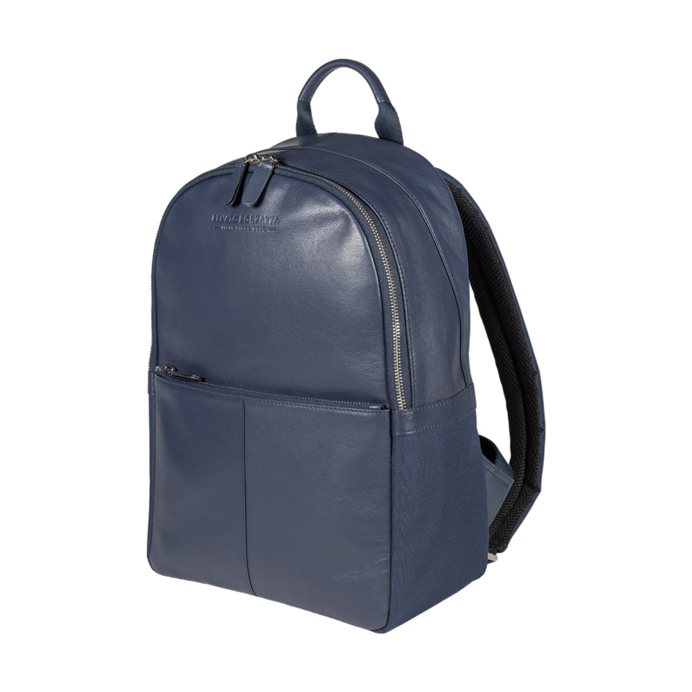 RB2001D | Netbook/Tablet Carrier Backpack in Nylon/Vera Leather, with light grain. Zipper closure and adjustable shoulder straps - Blue color - Dimensions: 27 x 38 x 14 cm. Packaging: Non-Woven Fabric Bag